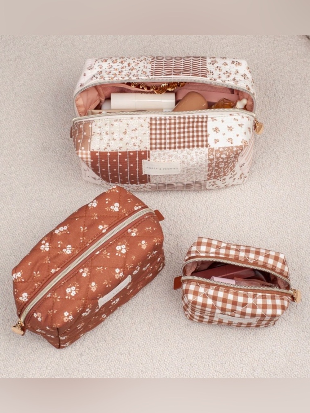 Poppy & Peonies Brown Floral Patchwork Cosmetic Bag 3 Pc Set! 🍁Set Price - Picture 2 of 7